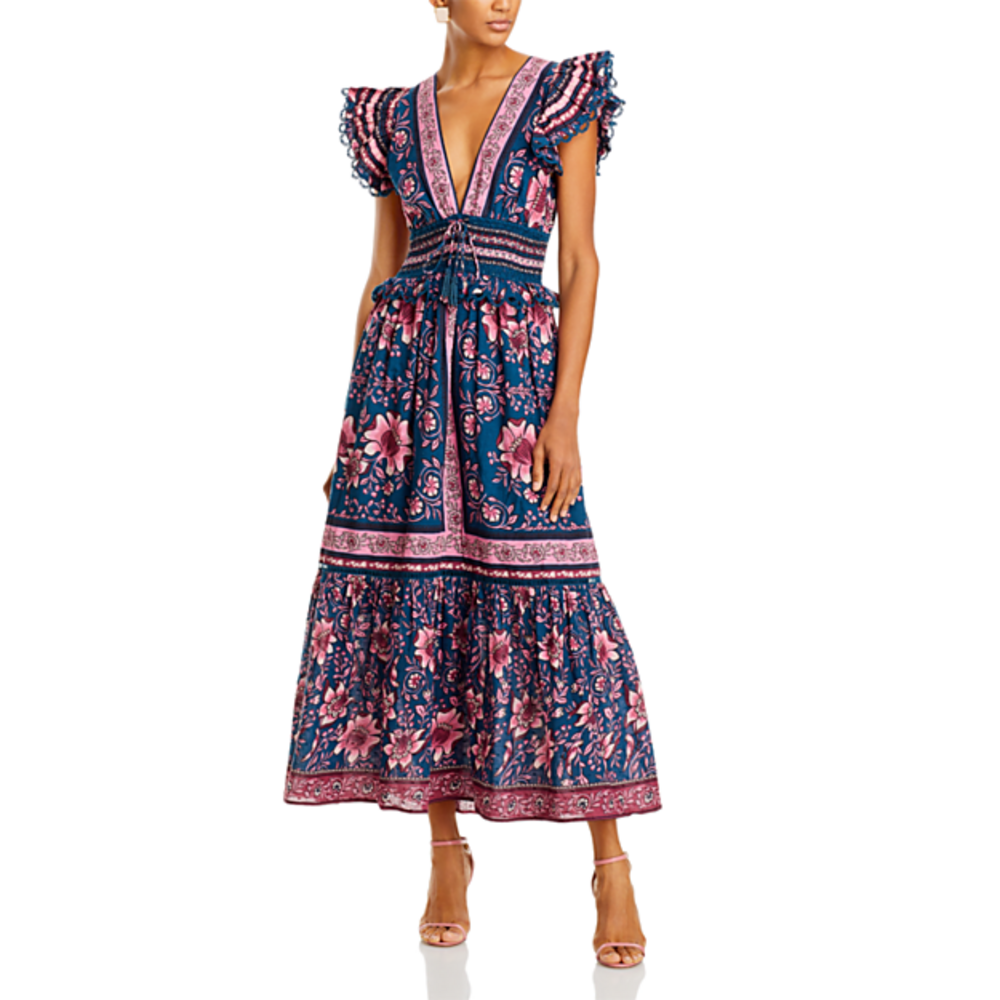 FARM Rio Anika Cotton Printed Midi Dress in Blue